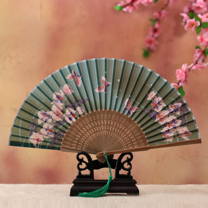 Buddha Stones Cherry Blossom Lily Butterfly Bamboo Ventaglio pieghevole in bambù portatile 21 cm - Farfalla verde di grandi dimensioni, 21 cm - image 3