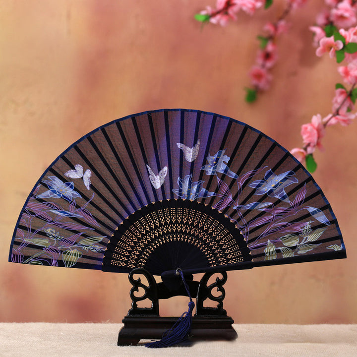 Buddha Stones Cherry Blossom Lily Butterfly Bamboo Ventaglio pieghevole in bambù portatile 21 cm - Giglio farfalla blu 21 cm - image 4