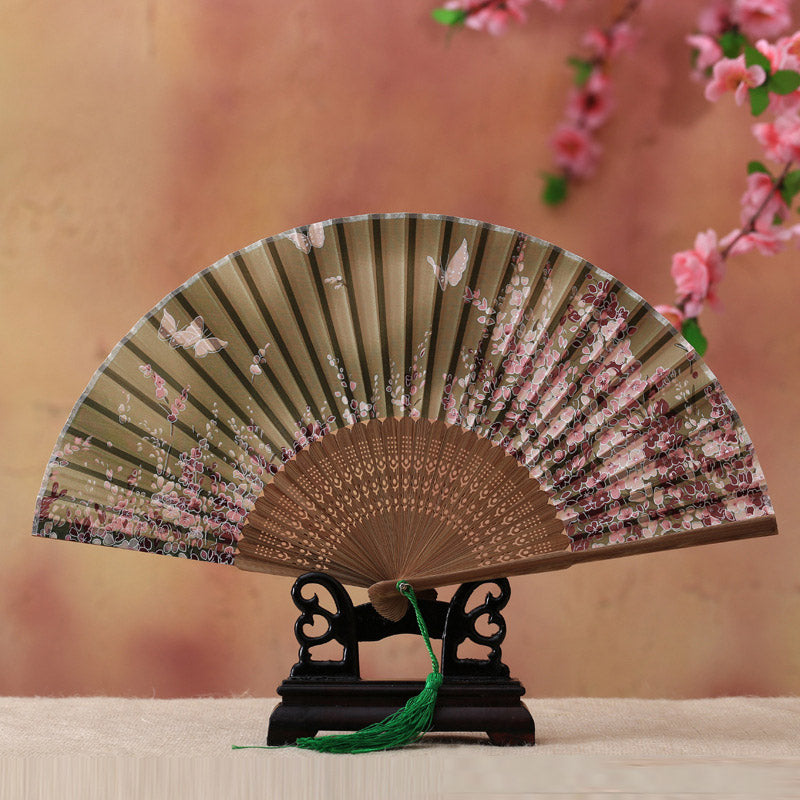 Buddha Stones Cherry Blossom Lily Butterfly Bamboo Ventaglio pieghevole in bambù portatile 21 cm - Fiore di ciliegio farfalla verde chiaro 21 cm - image 5