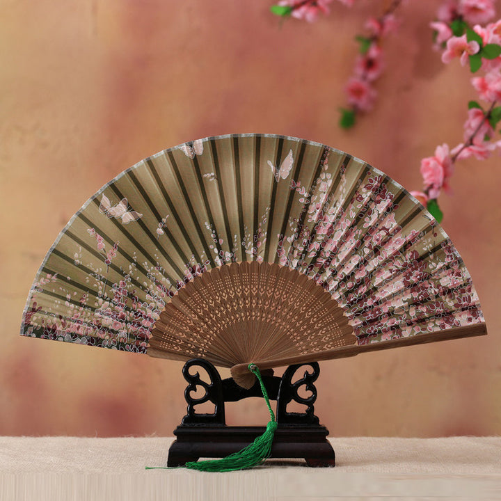 Buddha Stones Cherry Blossom Lily Butterfly Bamboo Ventaglio pieghevole in bambù portatile 21 cm - Fiore di ciliegio farfalla verde chiaro 21 cm - image 5