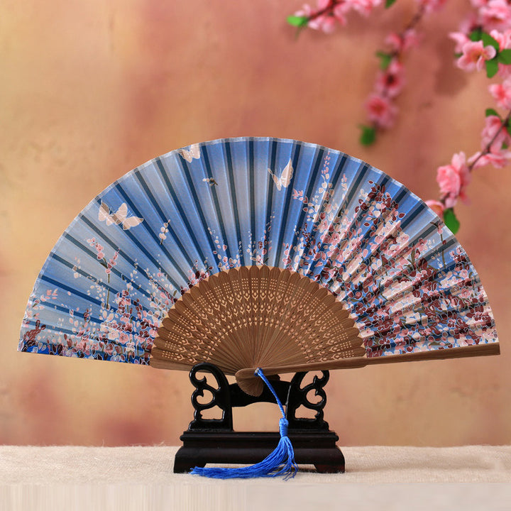 Buddha Stones Cherry Blossom Lily Butterfly Bamboo Ventaglio pieghevole in bambù portatile 21 cm - Farfalla azzurra in fiore di ciliegio 21 cm - image 6