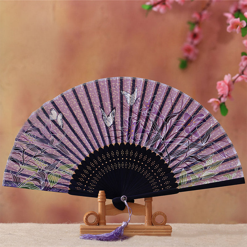 Buddha Stones Cherry Blossom Lily Butterfly Bamboo Ventaglio pieghevole in bambù portatile 21 cm - Giglio farfalla viola 21 cm - image 7