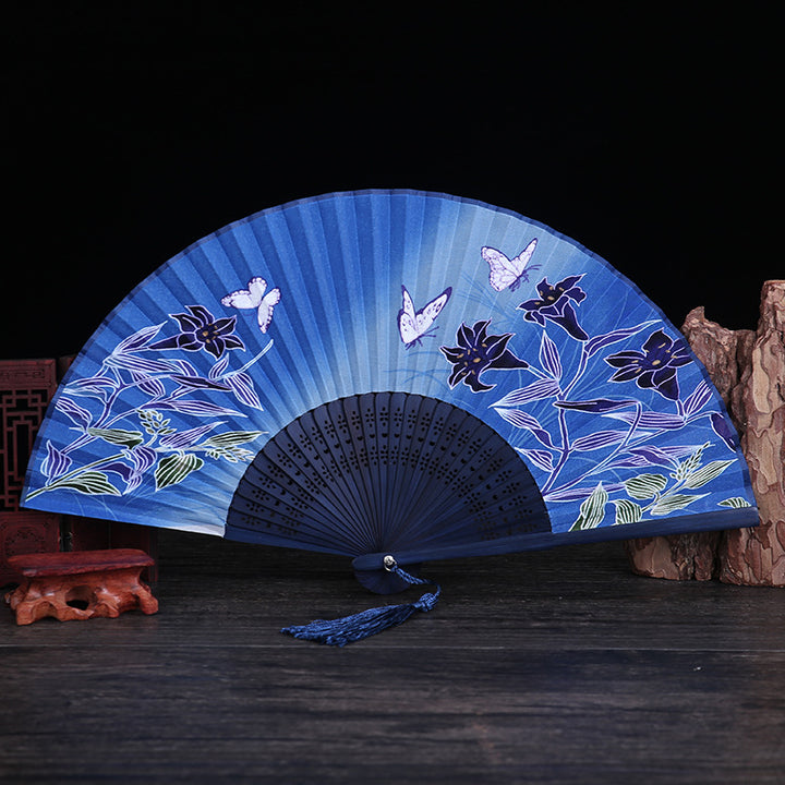 Buddha Stones Cherry Blossom Lily Butterfly Bamboo Ventaglio pieghevole in bambù portatile 21 cm - Giglio farfalla blu scuro 21 cm - image 8