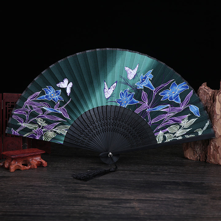 Buddha Stones Cherry Blossom Lily Butterfly Bamboo Ventaglio pieghevole in bambù portatile 21 cm - Giglio farfalla verde e nero 21 cm - image 9