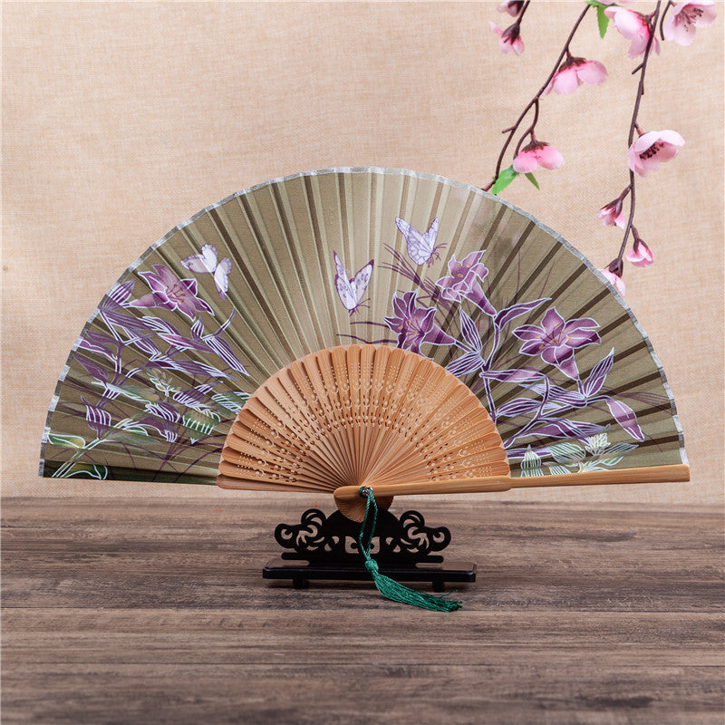 Buddha Stones Cherry Blossom Lily Butterfly Bamboo Ventaglio pieghevole in bambù portatile 21 cm - Giglio farfalla marrone-verde 21 cm - image 12