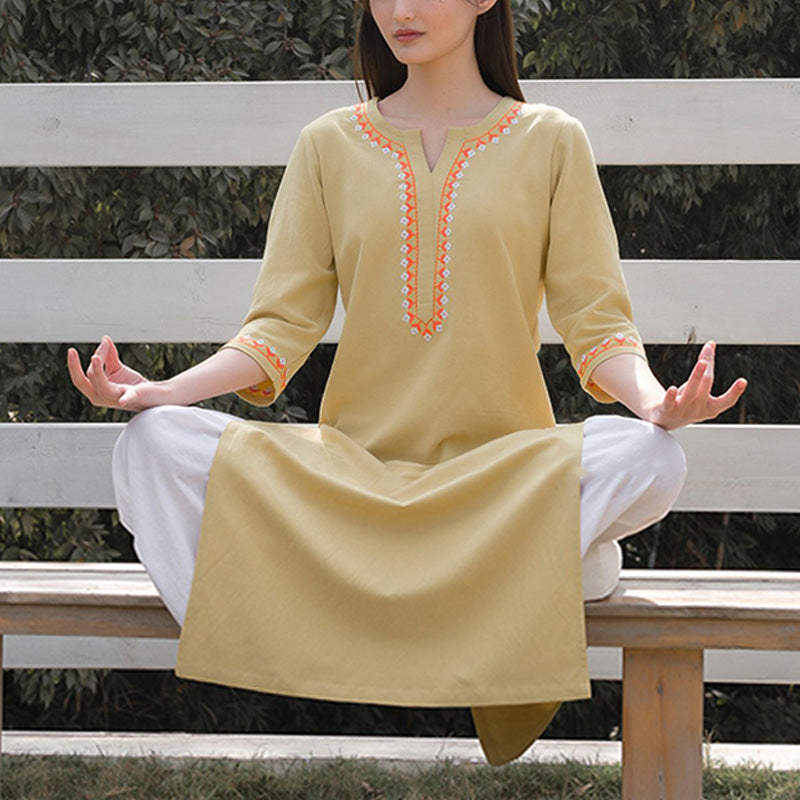 Buddha Stones 2 pezzi scollo a V ricamo yoga abbigliamento zen meditazione cotone lino top pantaloni set da donna - Top giallo e pantaloni bianchi - US12, UK/AU16, EU44 (2XL)  - image 13