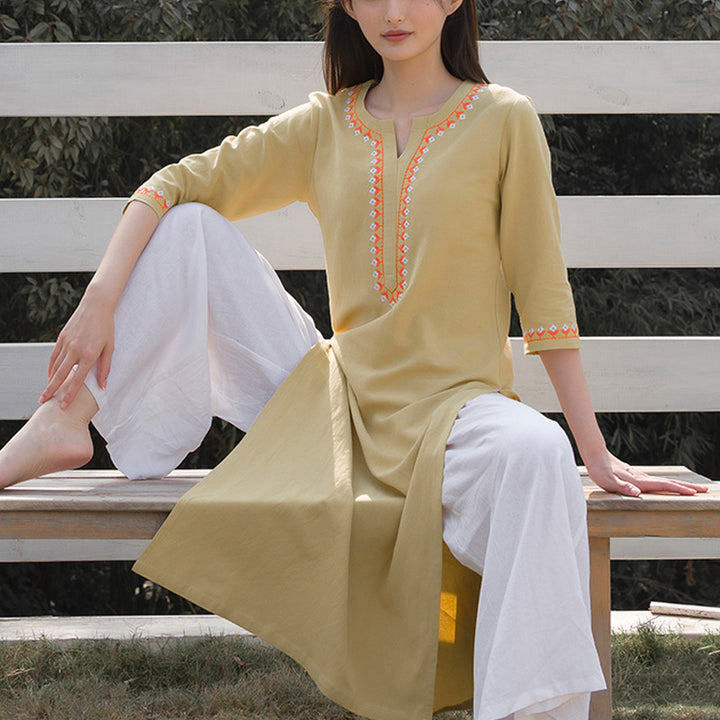 Buddha Stones 2 pezzi scollo a V ricamo yoga abbigliamento zen meditazione cotone lino top pantaloni set da donna - image 14