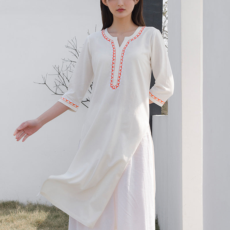 Buddha Stones 2 pezzi scollo a V ricamo yoga abbigliamento zen meditazione cotone lino top pantaloni set da donna - image 1