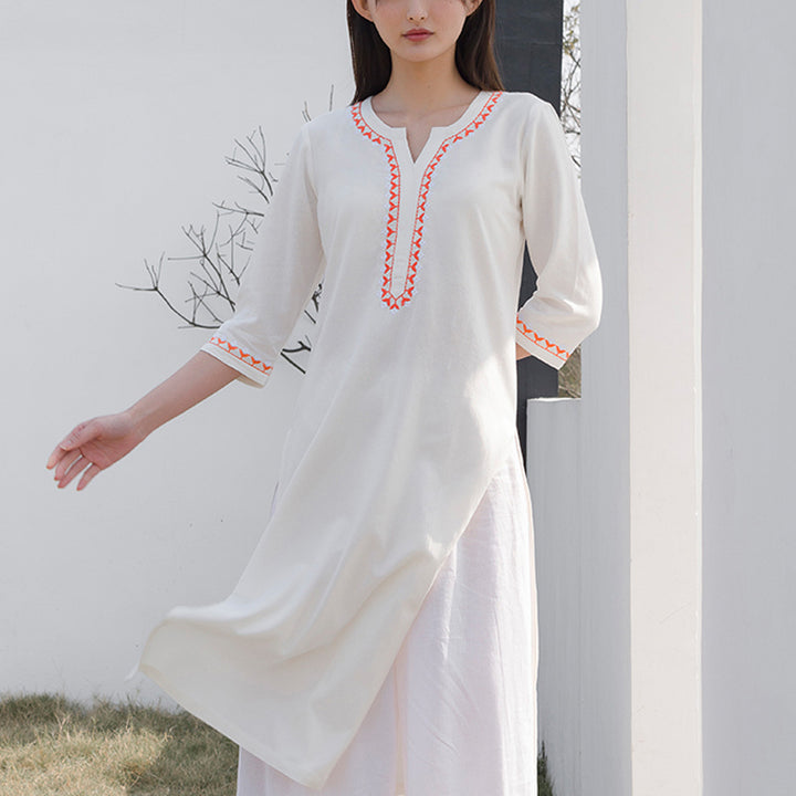 Buddha Stones 2 pezzi scollo a V ricamo yoga abbigliamento zen meditazione cotone lino top pantaloni set da donna - image 1