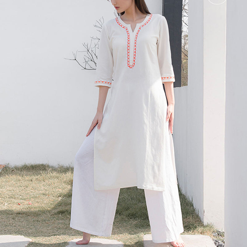 Buddha Stones 2 pezzi scollo a V ricamo yoga abbigliamento zen meditazione cotone lino top pantaloni set da donna - image 2