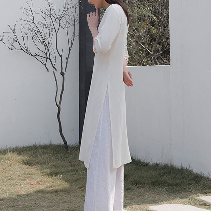 Buddha Stones 2 pezzi scollo a V ricamo yoga abbigliamento zen meditazione cotone lino top pantaloni set da donna - image 3