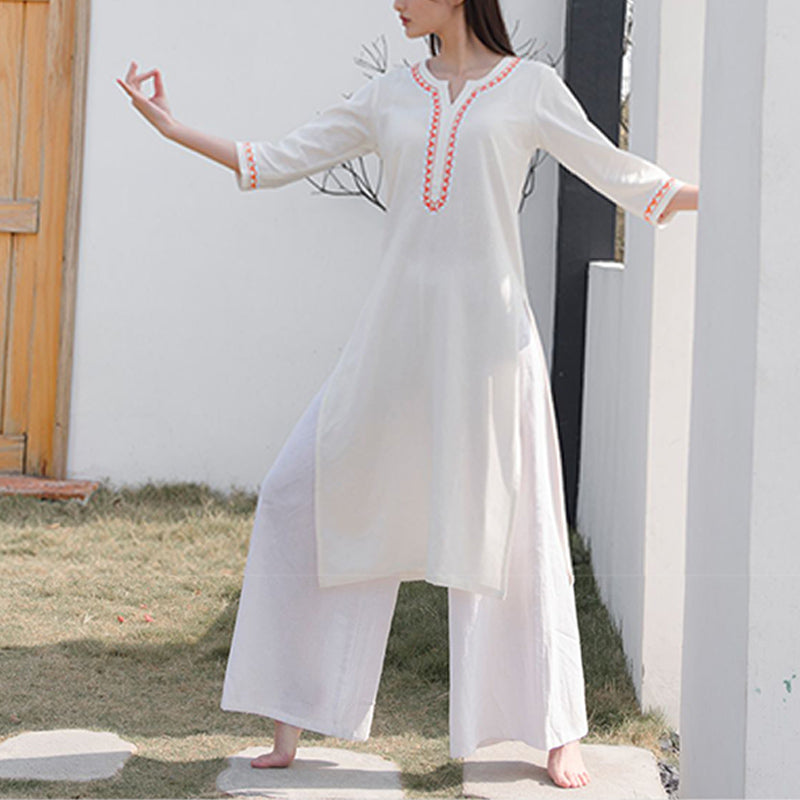 Buddha Stones 2 pezzi scollo a V ricamo yoga abbigliamento zen meditazione cotone lino top pantaloni set da donna - image 4