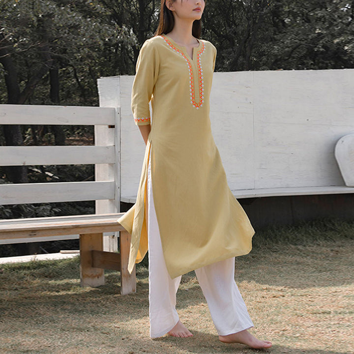 Buddha Stones 2 pezzi scollo a V ricamo yoga abbigliamento zen meditazione cotone lino top pantaloni set da donna - image 15