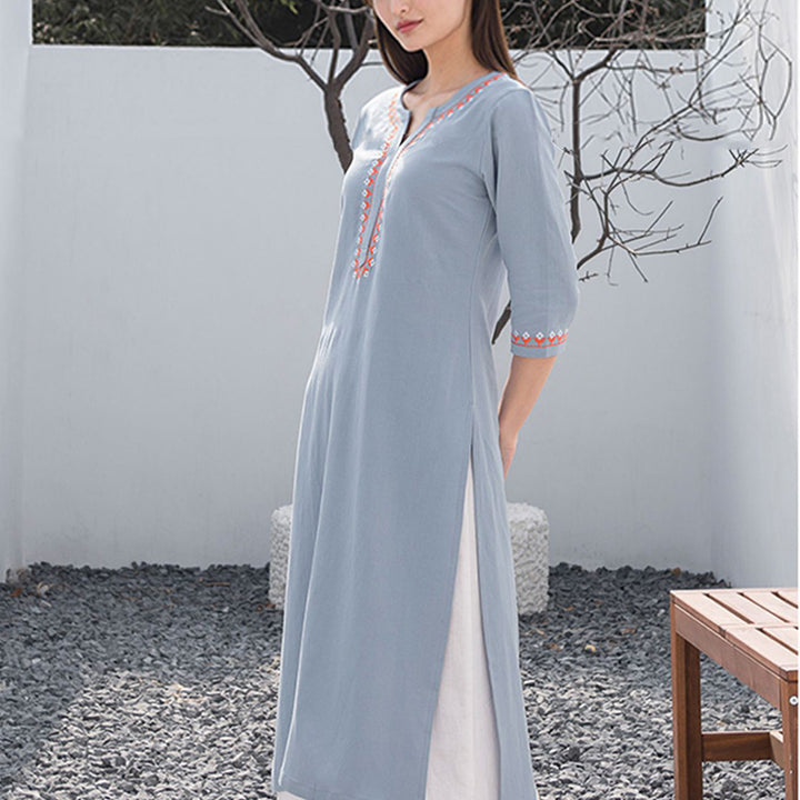 Buddha Stones 2 pezzi scollo a V ricamo yoga abbigliamento zen meditazione cotone lino top pantaloni set da donna - image 6