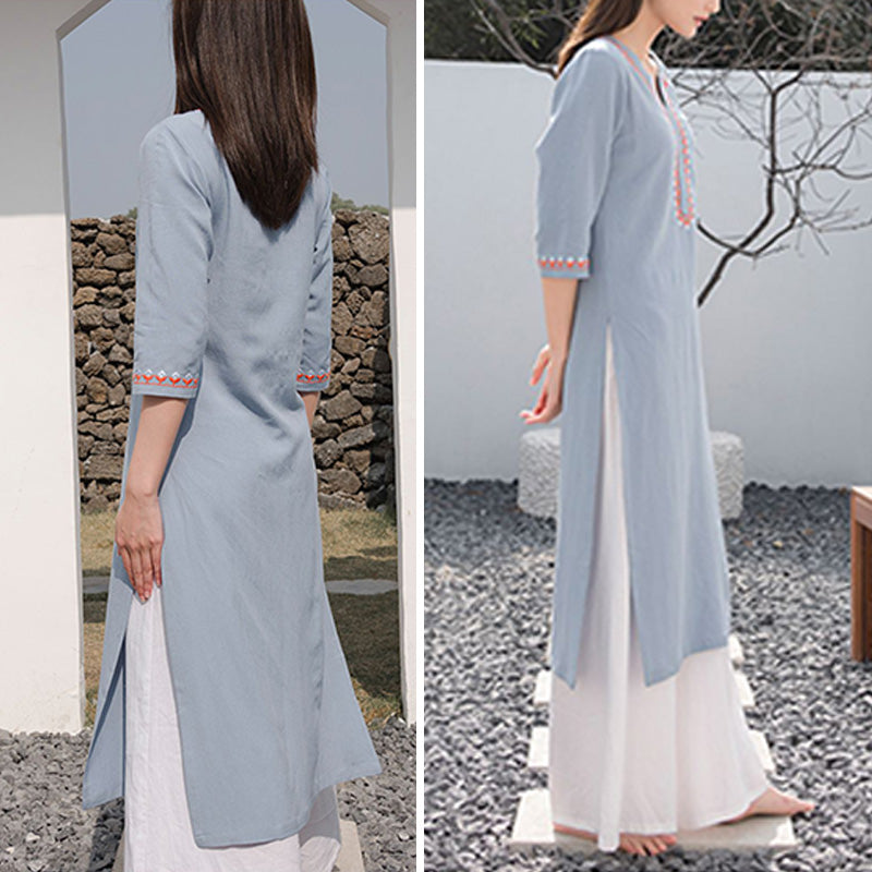 Buddha Stones 2 pezzi scollo a V ricamo yoga abbigliamento zen meditazione cotone lino top pantaloni set da donna - image 12