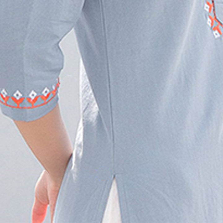 Buddha Stones 2 pezzi scollo a V ricamo yoga abbigliamento zen meditazione cotone lino top pantaloni set da donna - image 10