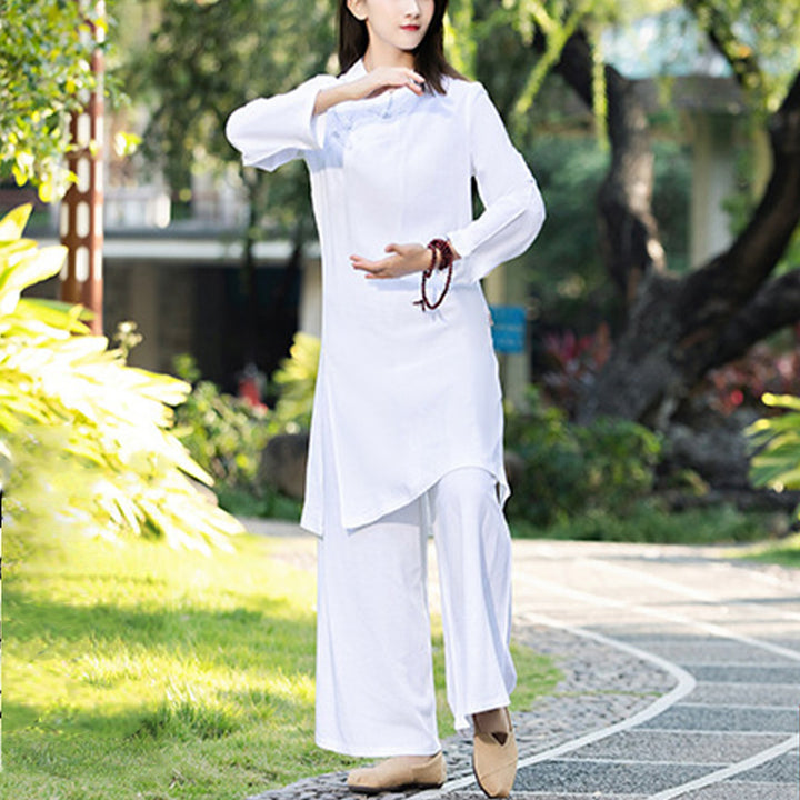 Buddha Stones 2 pezzi tinta unita manica lunga Zen Yoga Meditazione Abbigliamento Top Pantaloni Set da donna