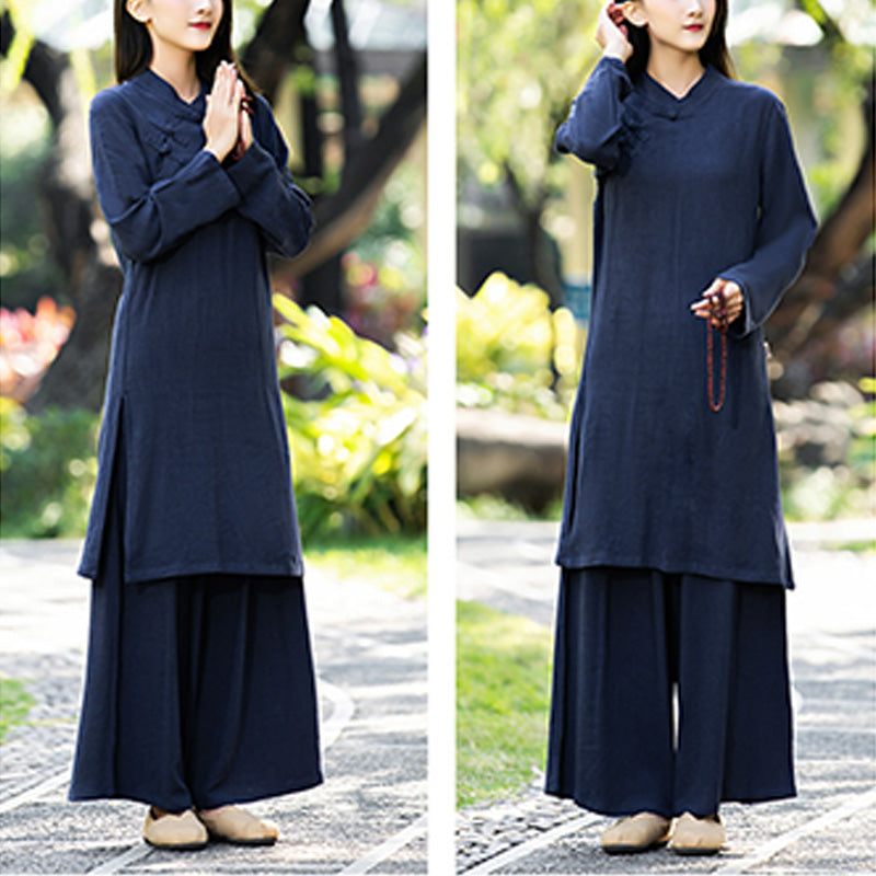 Buddha Stones 2 pezzi tinta unita manica lunga Zen Yoga Meditazione Abbigliamento Top Pantaloni Set da donna