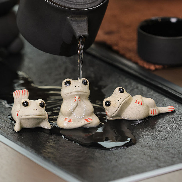 Buddha Stones Mini Piccola Rana in preghiera Ceramica Ricchezza Prosperità Casa Tè Animale domestico Figurina Decorazione