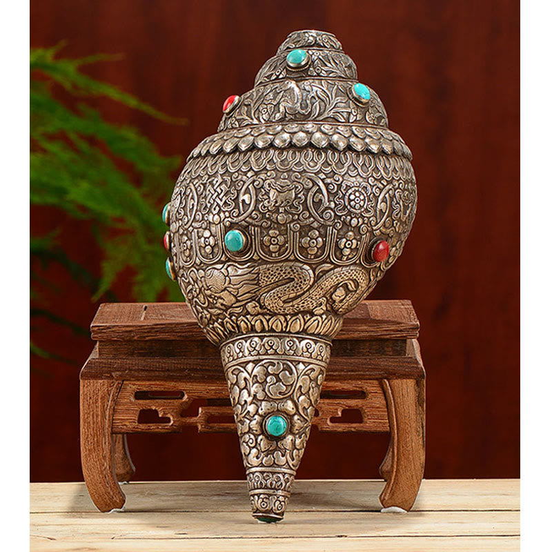 Tibetano fatto a mano naturale Shankha inciso otto simboli di buon auspicio conchiglia fortunata decorazione per la casa - image 10