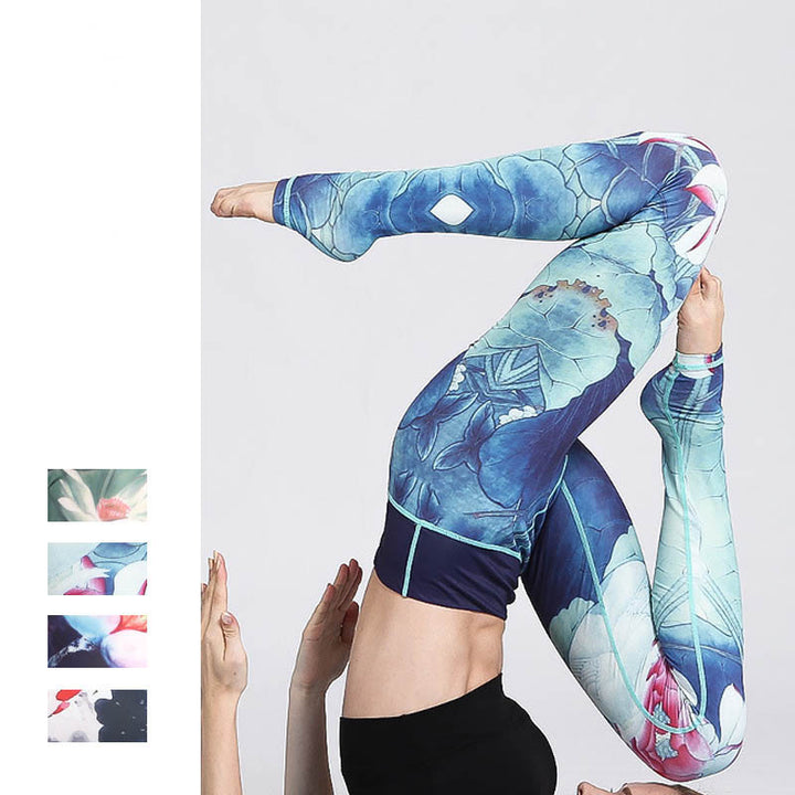 Pantaloni da yoga sportivi da donna con stampa di fiori di loto Buddha Stones