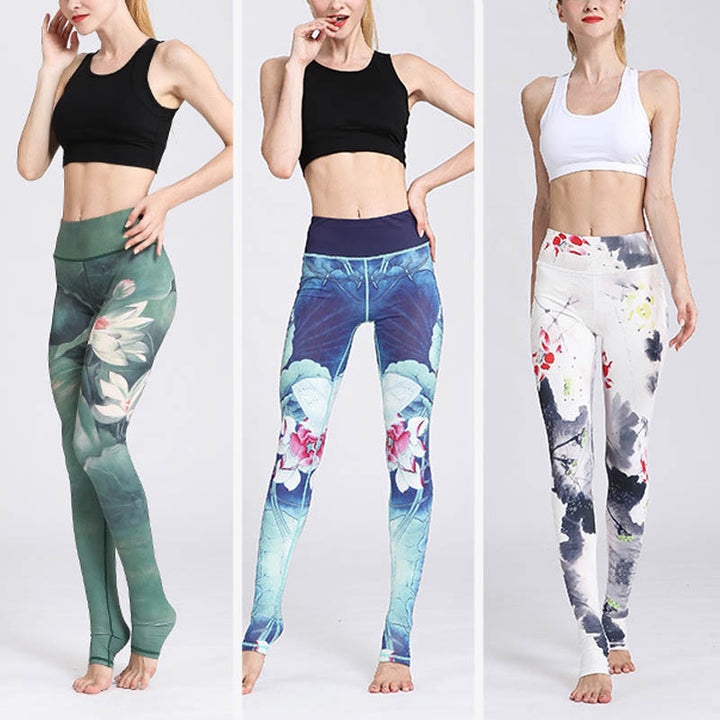 Pantaloni da yoga sportivi da donna con stampa di fiori di loto Buddha Stones