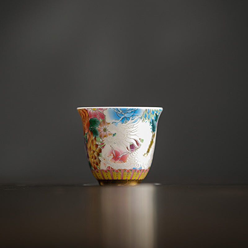 Buddha Stones Drago Fenice Fiori Tazza da tè in ceramica Tazza da tè Kung Fu 50ml