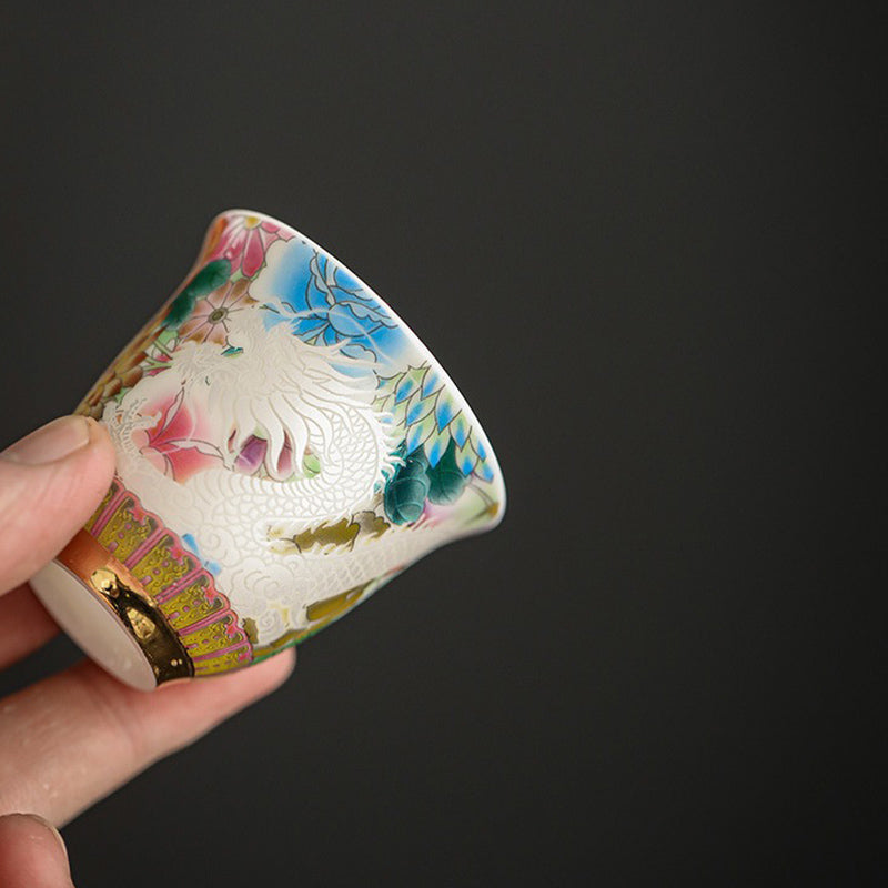 Buddha Stones Drago Fenice Fiori Tazza da tè in ceramica Tazza da tè Kung Fu 50ml