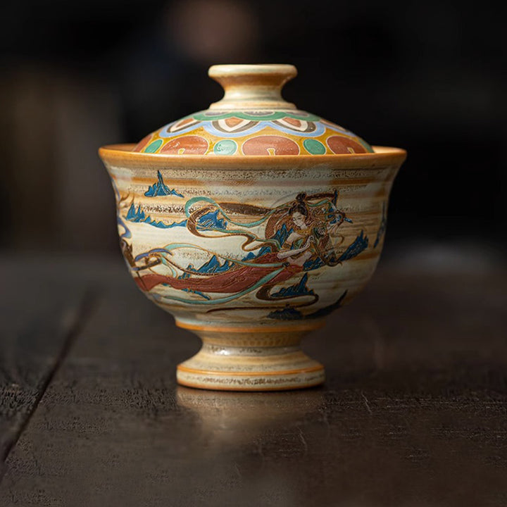 Tazza da tè in ceramica Gaiwan Sancai con Buddha Stones Dunhuang Flying Apsaras Tazza da tè Kung Fu con coperchio