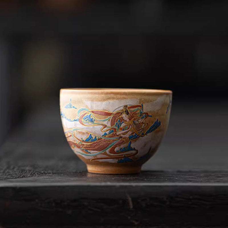 Tazza da tè in ceramica Gaiwan Sancai con Buddha Stones Dunhuang Flying Apsaras Tazza da tè Kung Fu con coperchio