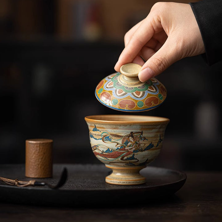 Tazza da tè in ceramica Gaiwan Sancai con Buddha Stones Dunhuang Flying Apsaras Tazza da tè Kung Fu con coperchio