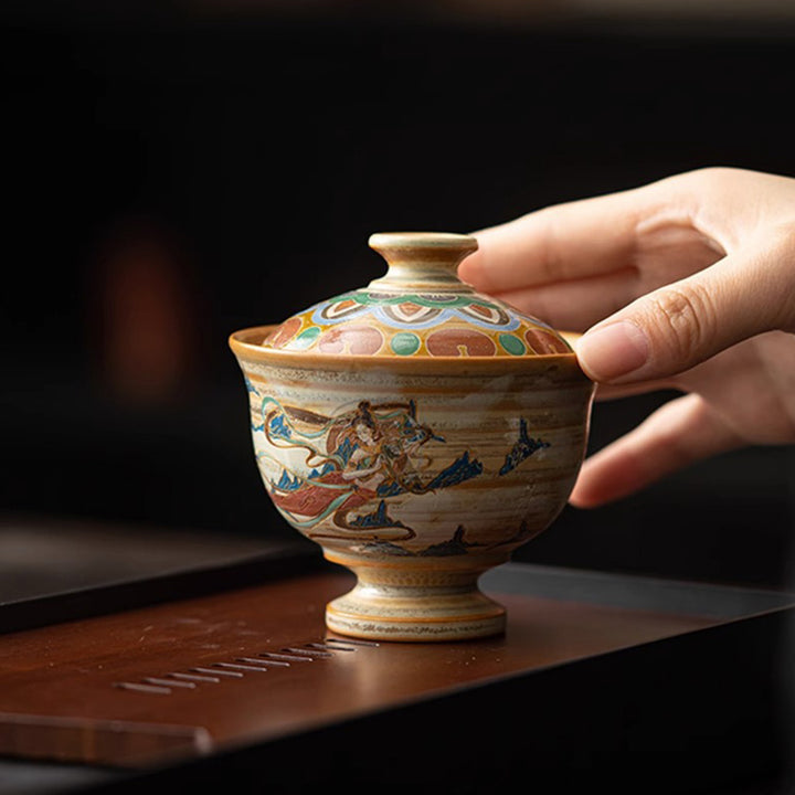 Tazza da tè in ceramica Gaiwan Sancai con Buddha Stones Dunhuang Flying Apsaras Tazza da tè Kung Fu con coperchio