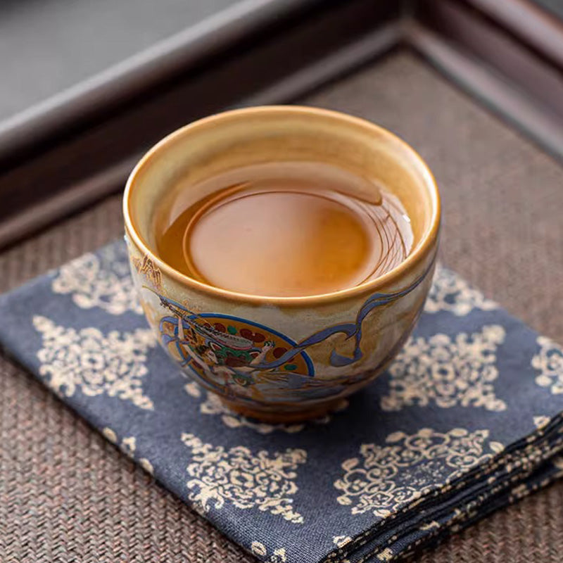 Tazza da tè in ceramica Gaiwan Sancai con Buddha Stones Dunhuang Flying Apsaras Tazza da tè Kung Fu con coperchio
