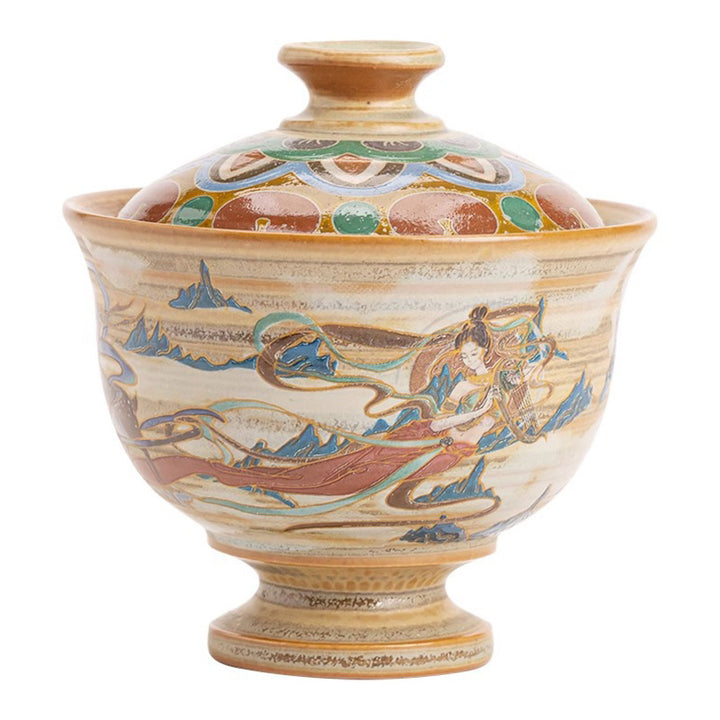 Tazza da tè in ceramica Gaiwan Sancai con Buddha Stones Dunhuang Flying Apsaras Tazza da tè Kung Fu con coperchio