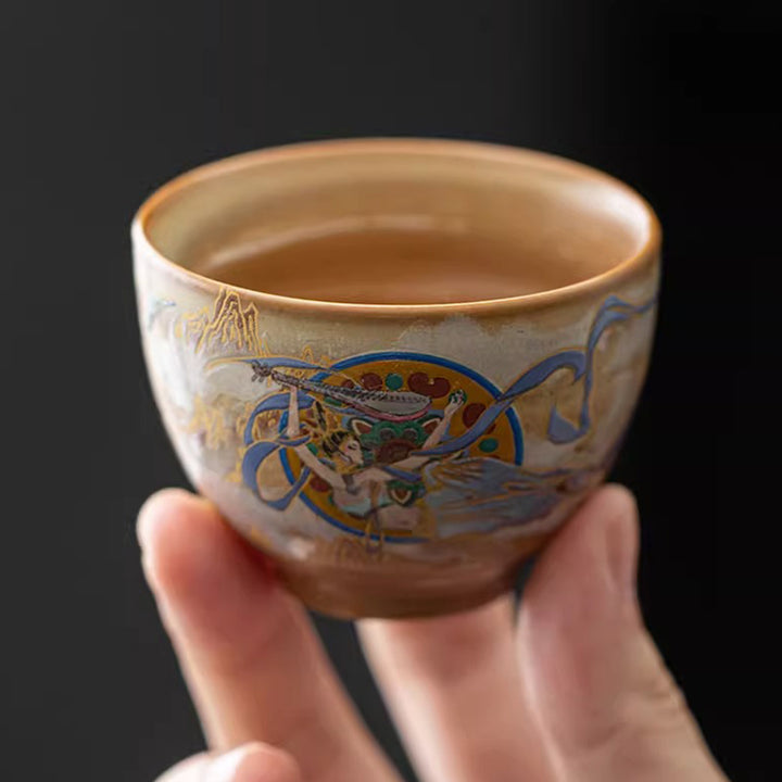 Tazza da tè in ceramica Gaiwan Sancai con Buddha Stones Dunhuang Flying Apsaras Tazza da tè Kung Fu con coperchio