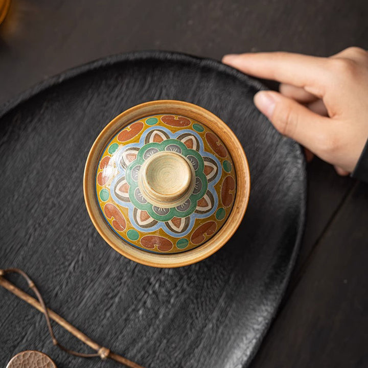 Tazza da tè in ceramica Gaiwan Sancai con Buddha Stones Dunhuang Flying Apsaras Tazza da tè Kung Fu con coperchio