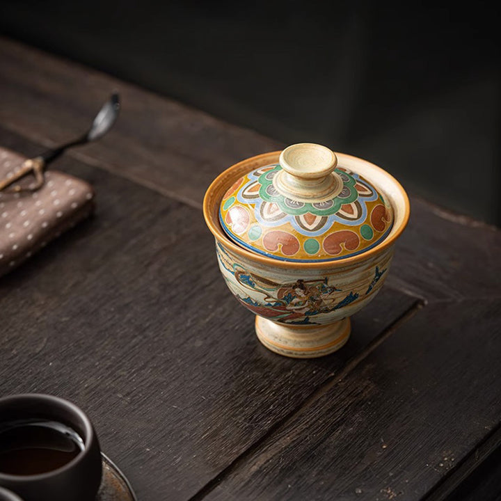 Tazza da tè in ceramica Gaiwan Sancai con Buddha Stones Dunhuang Flying Apsaras Tazza da tè Kung Fu con coperchio