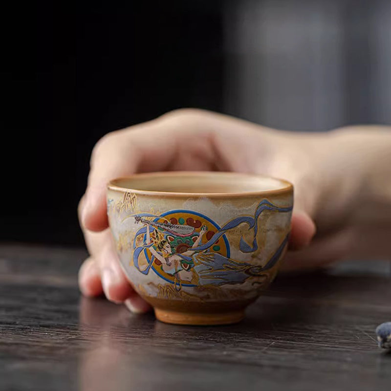 Tazza da tè in ceramica Gaiwan Sancai con Buddha Stones Dunhuang Flying Apsaras Tazza da tè Kung Fu con coperchio