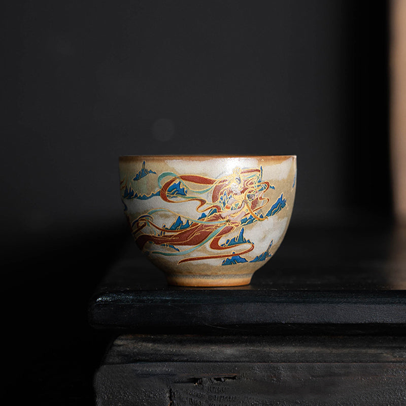 Tazza da tè in ceramica Gaiwan Sancai con Buddha Stones Dunhuang Flying Apsaras Tazza da tè Kung Fu con coperchio