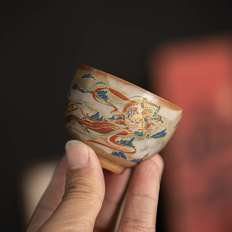 Tazza da tè in ceramica Gaiwan Sancai con Buddha Stones Dunhuang Flying Apsaras Tazza da tè Kung Fu con coperchio