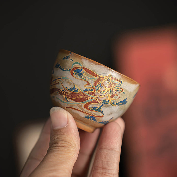 Tazza da tè in ceramica Gaiwan Sancai con Buddha Stones Dunhuang Flying Apsaras Tazza da tè Kung Fu con coperchio