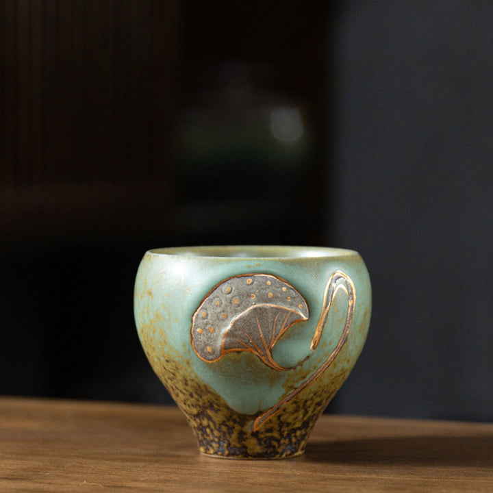 Tazza da tè incisa con baccello di loto Buddha Stones, tazza da tè Kung Fu - Verde 7,6 cm*6,6 cm*120 ml - image 0