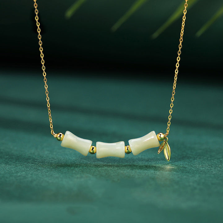 Buddha Stones in argento sterling 925 con giada Hetian, bambù, carattere Fu, prosperità, braccialetto - Collana di giada di Hetian - image 0