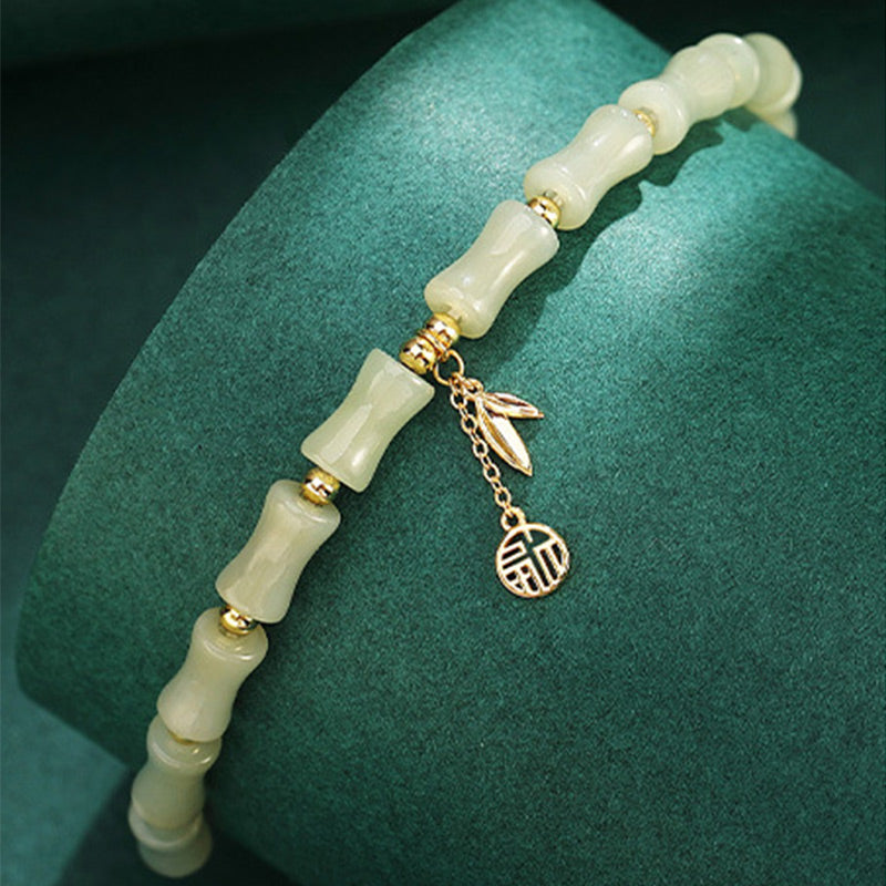Buddha Stones in argento sterling 925 con giada Hetian, bambù, carattere Fu, prosperità, braccialetto