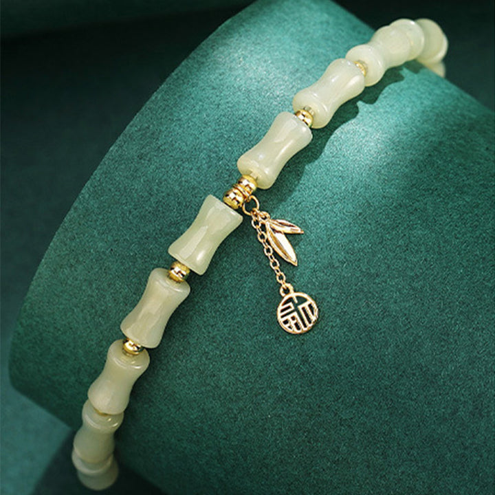 Buddha Stones in argento sterling 925 con giada Hetian, bambù, carattere Fu, prosperità, braccialetto