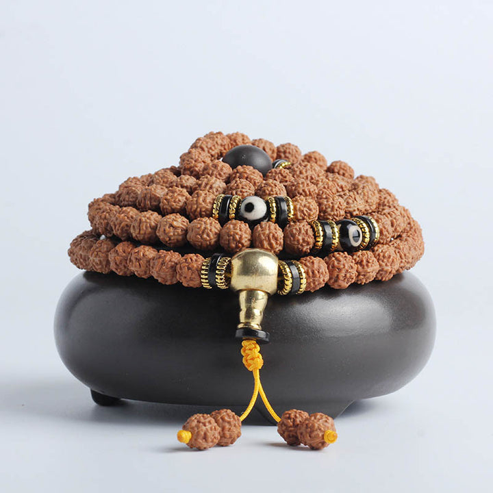 Buddha Stones 108 Mala Beads Rudraksha Bodhi Seed Dzi Bead Braccialetto Fortuna Ricchezza