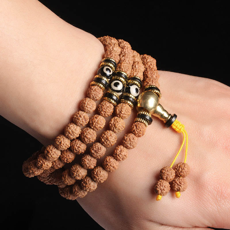 Buddha Stones 108 Mala Beads Rudraksha Bodhi Seed Dzi Bead Braccialetto Fortuna Ricchezza