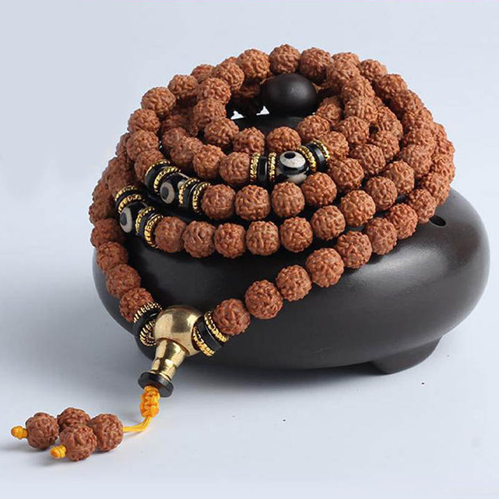 Buddha Stones 108 Mala Beads Rudraksha Bodhi Seed Dzi Bead Braccialetto Fortuna Ricchezza