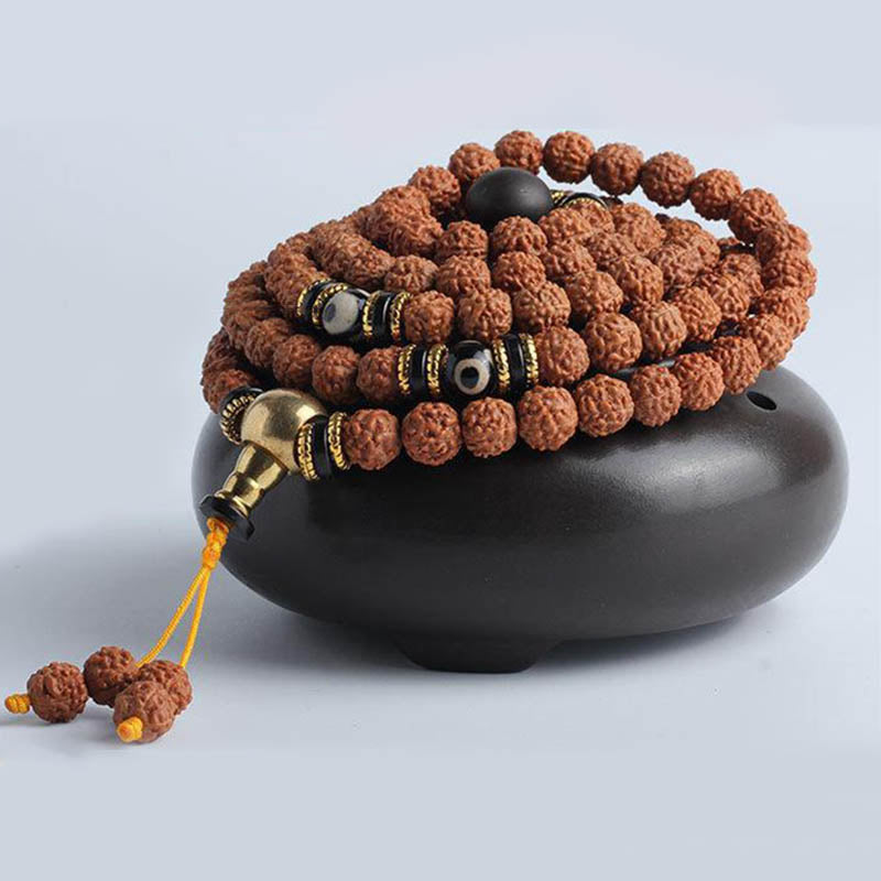 Buddha Stones 108 Mala Beads Rudraksha Bodhi Seed Dzi Bead Braccialetto Fortuna Ricchezza