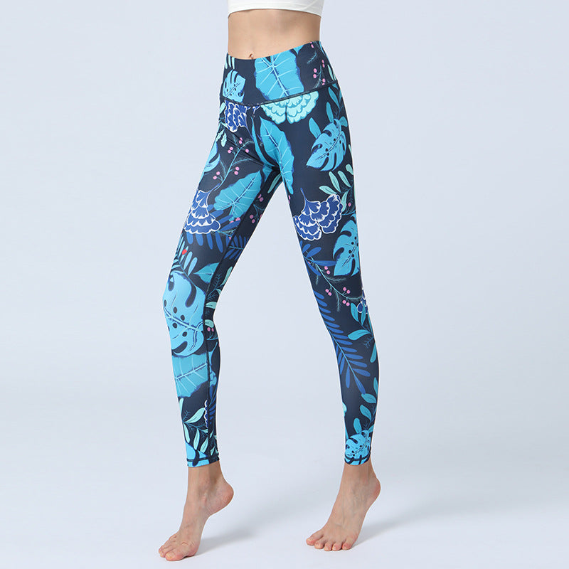 Pantaloni da yoga con stampa di Buddha Stones , sportivi, fitness, yoga, leggings a vita alta, pantaloni da yoga da donna - Foglie blu - US8-10, UK/AU12-14, EU40-42 (XL)  - image 4